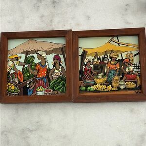 Vintage Dominican Market Scene Painted Tiles by Lolo Folk Art Bright & Beautiful